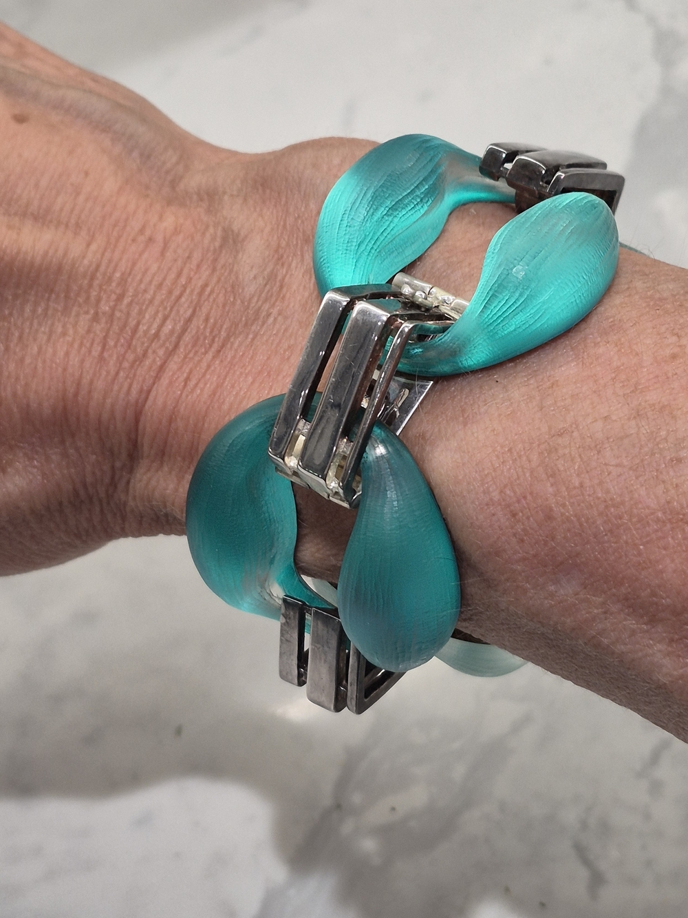 Alexis Bittar Turquoise Lucite and Silver Link Bracelet